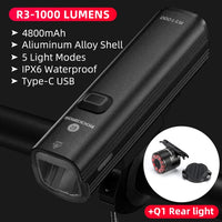 ROCKBROS 1000LM Bike Light Front Lamp USB Rechargeable LED 4800mAh Waterproof